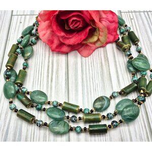 Long Green Swirl Bead Beaded Lightweight Pull Over Necklace Layer Boho 48"